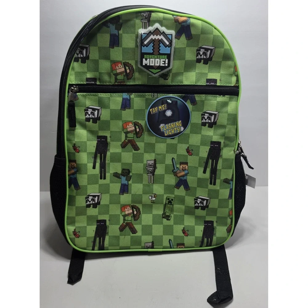 Minecraft Adventure Mode Light Up Backpack Green Checkered Bioworld NWT